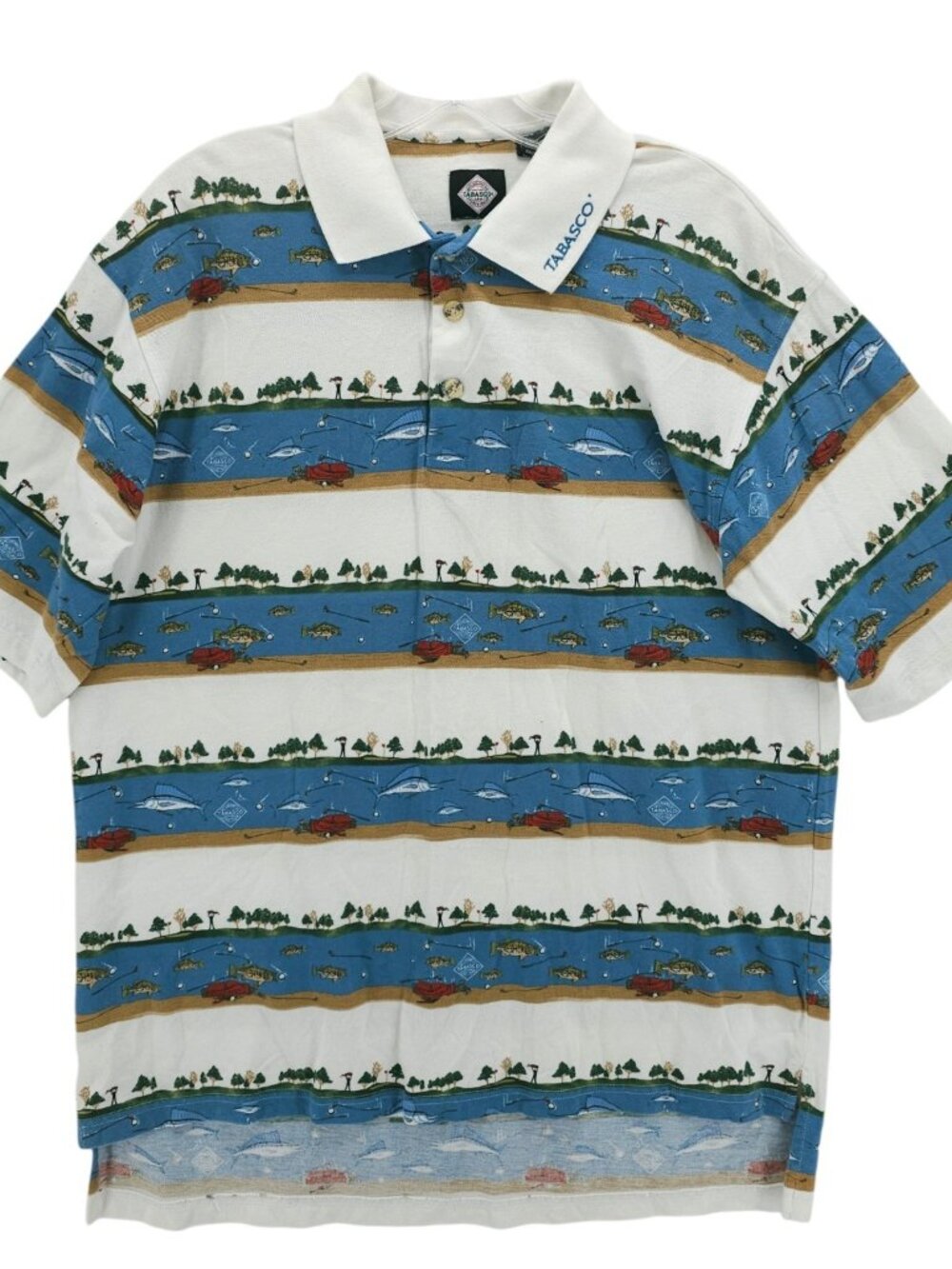 TABASCO Polo Shirt All Over Print Golf Fish Vintage 90s Size MEDIUM